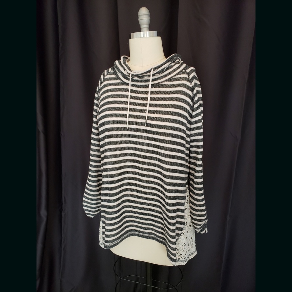 Lace Inset Striped Cowel Neck Sweater Shirt